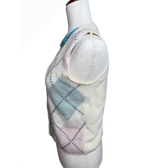 VTG 90 Limited Womens Argyle Sweater Vest S Ivory Pastel Lambswool blend preppy - Picture 3 of 10